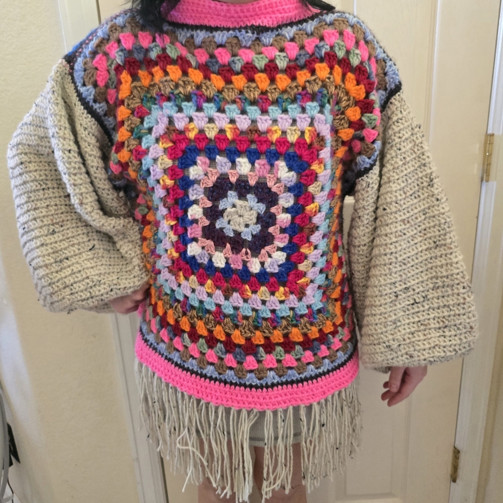 Handmade Crochet Granny Square Sweater Fringe Boho OOAK